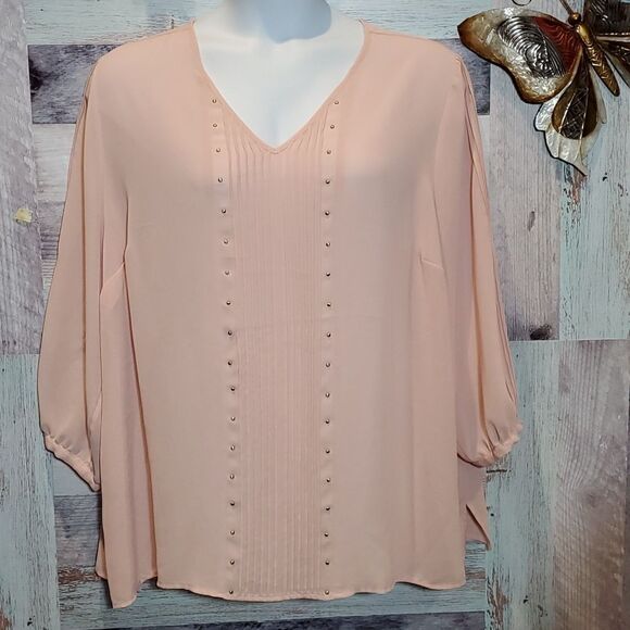 Catherines Black Label 2X Blush Pleats Studs Polyester Blouse Popover 524 - Picture 1 of 8